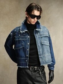 ROMWE MEN Street Life Men's Contrast Color Washed Short Denim Jacket, Distressed Frayed Hem With Rivet Decor, Turned-Up Collar, Y2K Punk Gothic Street Style Hip Hop Rock Loose Fit Short Denim Top, Suitable For Casual Daily Wear, Nightclub, Street Fashion - Blue - View 6