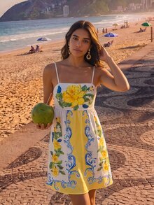 CAJUNI Women's Yellow Floral Print Casual Spaghetti Strap Vacation Dress,Vacation Outfits For Women - Yellow - View 5