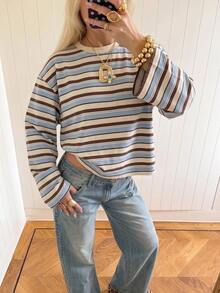 SHEIN EZwear 海外長袖條紋T恤，秋季上衣，適合日常通勤、聚會、秋冬/夏季、聖誕節、新年、感恩節、派對、婚禮、海灘、畢業典禮、優雅、外出、約會、通勤、情人節、優雅、度假、Y2K、畢業典禮及其他場合 - 彩色 - 查看 3