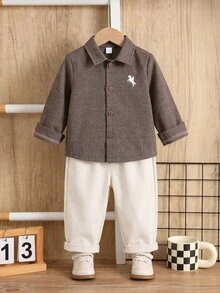 Baby Boy Knight Pattern Long Sleeve Shirt And Pants Casual Set - Multicolor - View 5