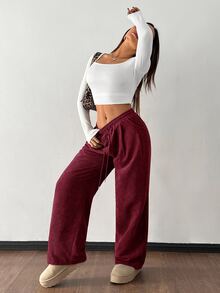 SHEIN PETITE 女款秋冬街頭時尚休閒復古燈芯絨紋理長褲 - 酒紅色 - 查看 4