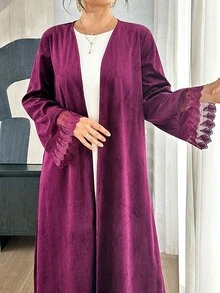 Yasmyna Deep Purple Velvet Long Cardigan Abaya With Lace Cuff Splice, Muslim Loose Open Front Outerwear - Burgundy - View 2