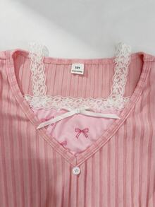 SHEIN Genkimix Kids 女童甜美假兩件式長袖上衣配蝴蝶結刺繡牛仔寬腿褲休閒套裝 秋冬 - 粉色 - 查看 4