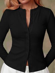 Athîral Women's Solid Color Long Sleeve Single-Breasted Casual Top - Black - View 1