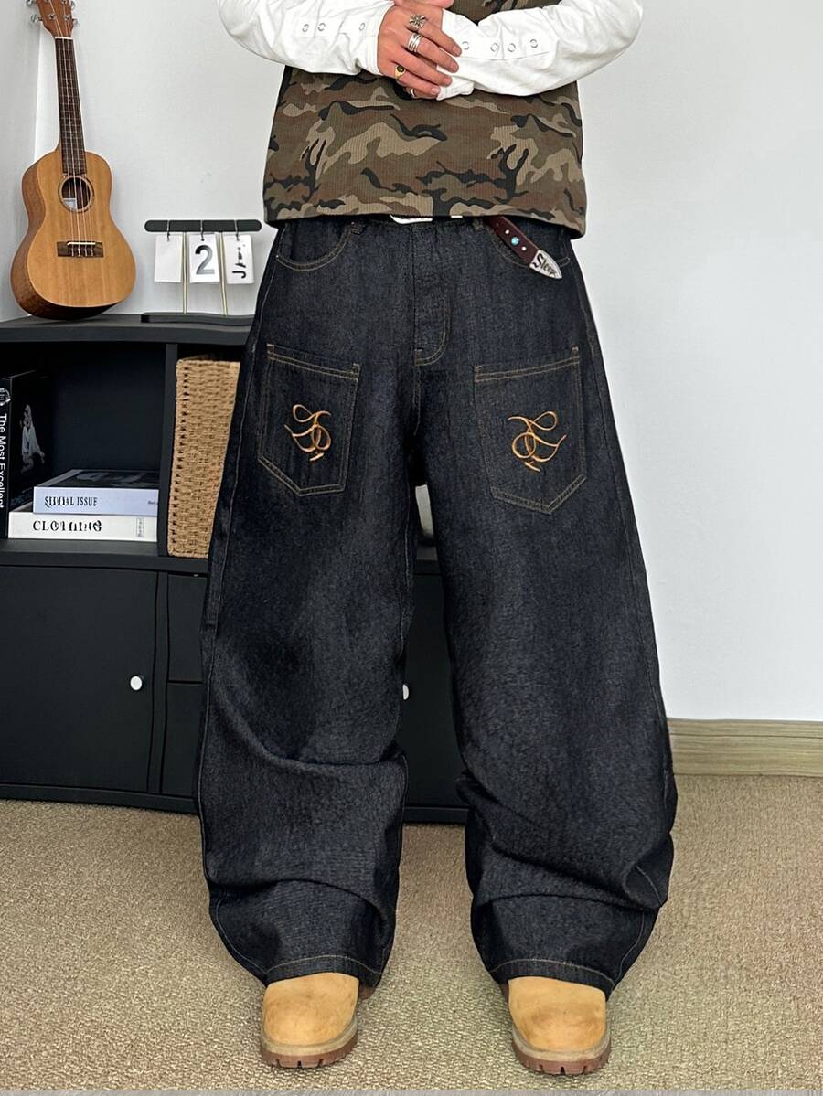 STEELVANCE 街頭風復古時尚百搭做舊水洗鉚釘刺繡花卉設計寬鬆直筒寬腿休閒牛仔褲(不含腰帶與配件) - 黑色 - 查看 1