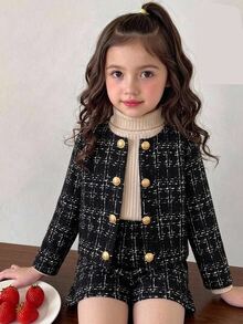 Kids Young Girl Plaid Long Sleeve Jacket And Shorts Set - Black - View 1