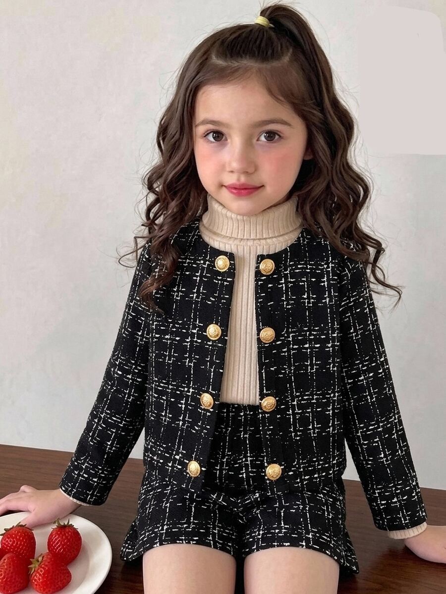 Kids Young Girl Plaid Long Sleeve Jacket And Shorts Set - Black - View 1