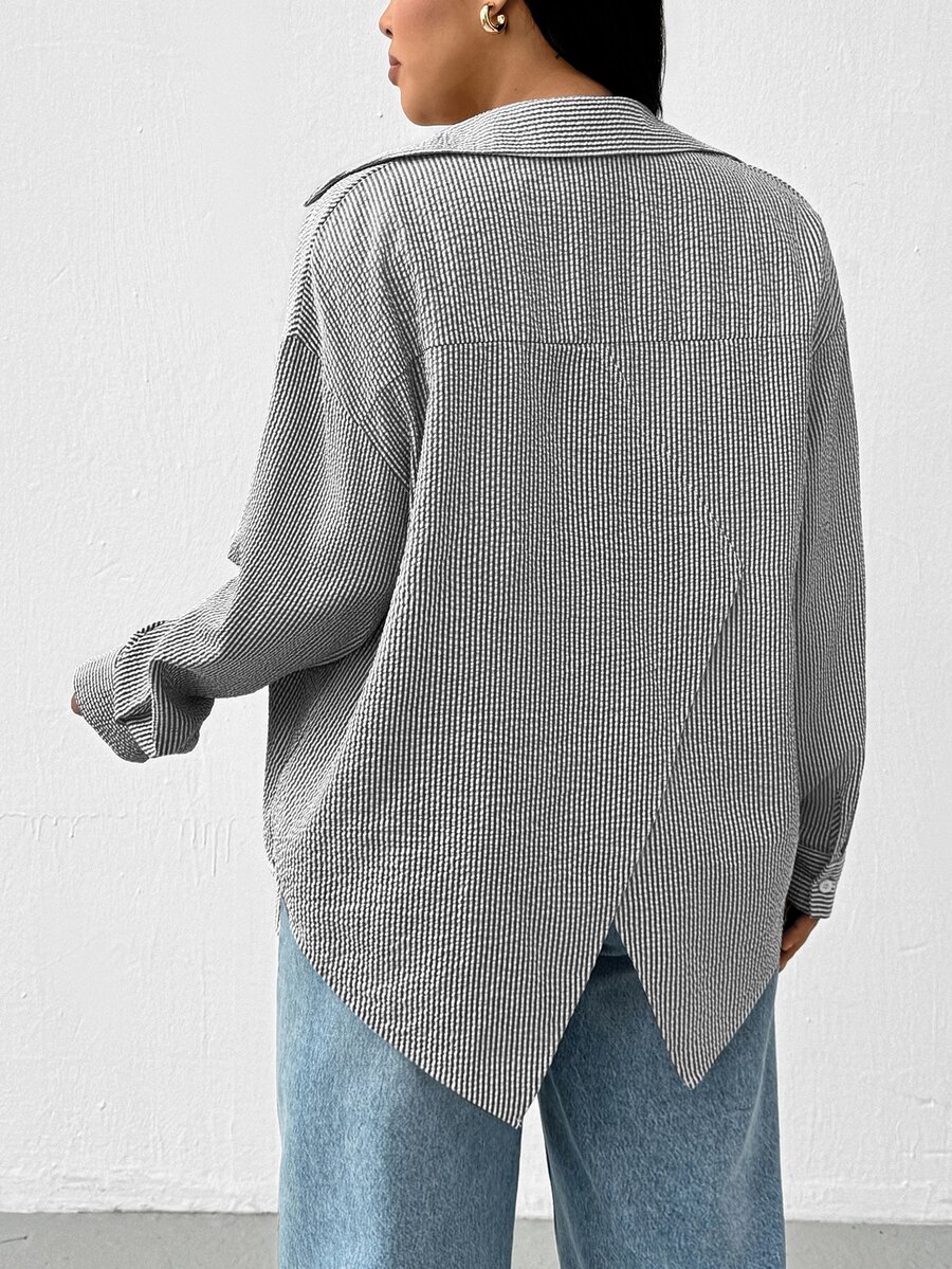 Shapeblank Plus Size Striped Casual Versatile Everyday Shirt - Black and White - View 1