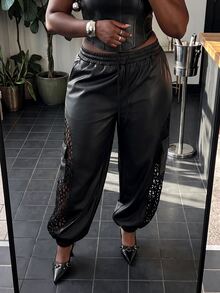 Slaydiva Black Faux Leather Side Hollow Lace Cargo Jogger Pants Plus Size - Black - View 6