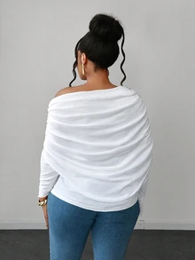 Maweii Off-Shoulder Draped Long Sleeve Blouse, Solid Color Elastic Knit Cold Shoulder Elegant Top - White - View 2