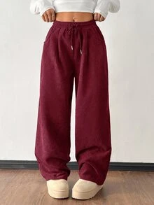 SHEIN PETITE 女款秋冬街頭時尚休閒復古燈芯絨紋理長褲 - 酒紅色 - 查看 5