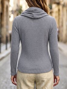 SHEIN Women's Gray Cowl Neck Ribbed Long Sleeve Tee, Slim Casual Top For Autumn Street Daily Wear Brunch - Grey - View 2