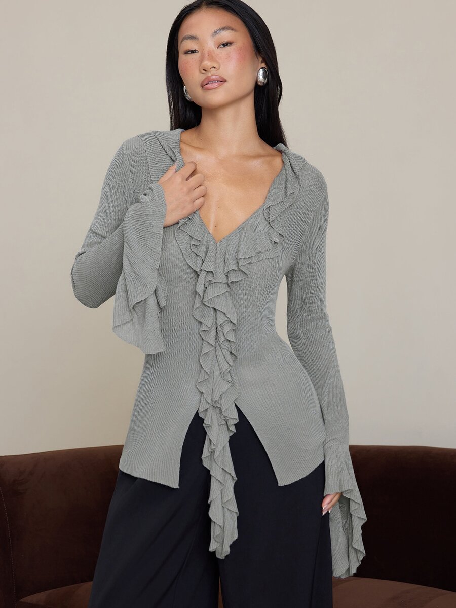 COSMINA Women's Casual Elegant Ruffle Knit Top - Grey - View 1