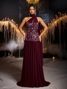 Glamrae Elegant Plum Purple Sequin Embroidered Mesh Strapless A-Line Evening Gown With Flutter Sleeves - Dark Purple - View 4