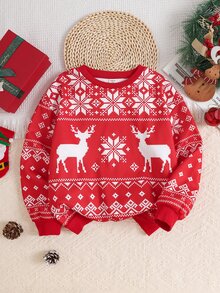 SHEIN Tween Girls Christmas Reindeer Fair Isle Pattern Printed Thick Crew Neck Loose Thermal Lined Long Sleeve Sweatshirt Family Matching - Red and White - View 2