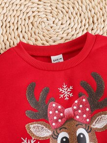 SHEIN Baby GirlCasual Comfortable Cute Cartoon Deer Pattern Crew Neck Sweatshirt - Red - View 4