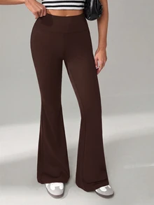SHEIN Tall 女款純色休閒高腰喇叭褲，適合日常穿著 - 棕色 - 查看 3
