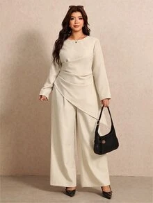 Elaquor Plus Size Women Solid Color Pleated Asymmetric Hem Blouse And Wide Leg Pants Casual 2 Pieces Set - Apricot - View 4