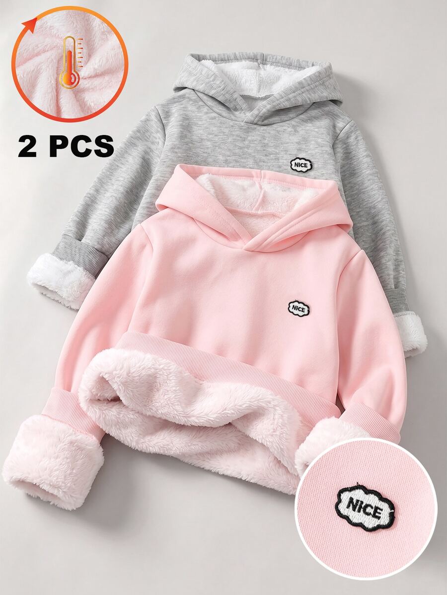 SHEIN Sparklyn 女童 2 件組保暖抓絨連帽衛衣 秋冬休閒仙女風嬰幼兒上衣 黑色粉色 萬聖節聖誕節 7 歲生日海灘穿搭