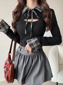 FRIFUL 女款掛脖格紋布料拼接泡泡短袖收腰鈕扣裝飾甜辣風夏季T恤 - 黑色 - 查看 4