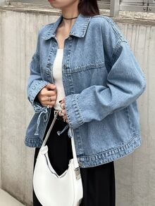 FRIFUL Jaket Denim Kasual Wanita Kancing Tunggal untuk Sehari-hari - Biru - View 5