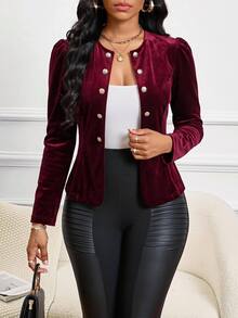 SHEIN Lady جاكيت نسائي بلون موحد كاجوال متعدد الاستخدامات للاستخدام اليومي بأكمام طويلة - عنابي اللون - مشاهدة 3