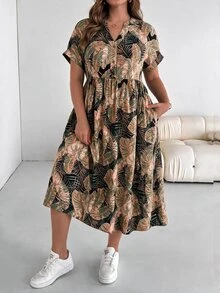 Shapeblank Plus Size Button Half-Placket Tropical Plant Print Pocket Dress - Black - View 1