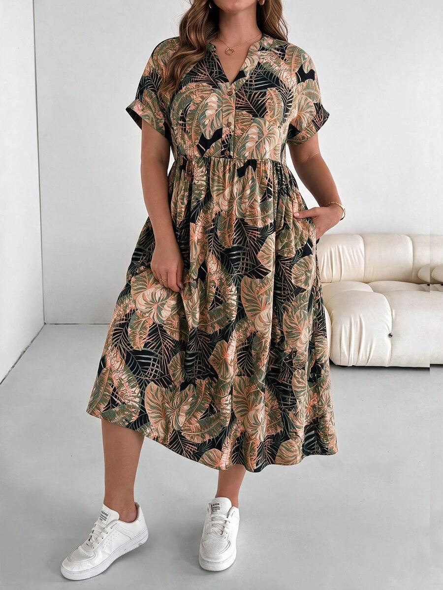 Shapeblank Plus Size Button Half-Placket Tropical Plant Print Pocket Dress - Black - View 1