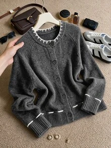Grovea Autumn/Winter Plus Size Dark Gray Contrast White Stitch Trim Round Neck Front Button Raglan Knit Cardigan - Dark Grey - View 6