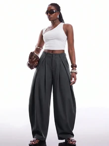 SHEIN EZwear 秋冬復古休閒街頭風軍綠色弧形下擺大尺碼寬鬆長褲 - 深灰色 - 查看 7