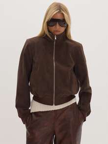 MUSEYN Brown Textured PU Funnel Neck Jacket Versatile Everyday Casual Fall - Coffee Brown - View 1