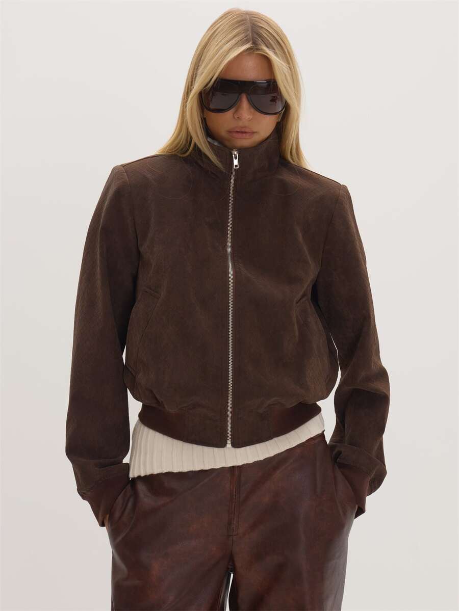 MUSEYN Brown Textured PU Funnel Neck Jacket Versatile Everyday Casual Fall - Coffee Brown - View 1