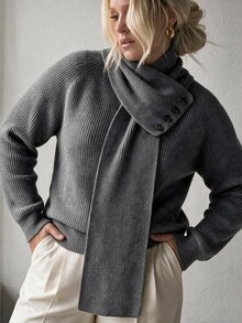 Linhara CURVE Plus Size Women's Raglan Long Sleeve Loose V-Neck Thick Grey Sweater Scarf Fall Office Working Elegant Casual - Grey - View 10