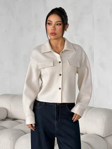 SHEIN PETITE Flap Pocket Drop Shoulder Button Front Overcoat In Fall/Winter Casual - Apricot - View 5