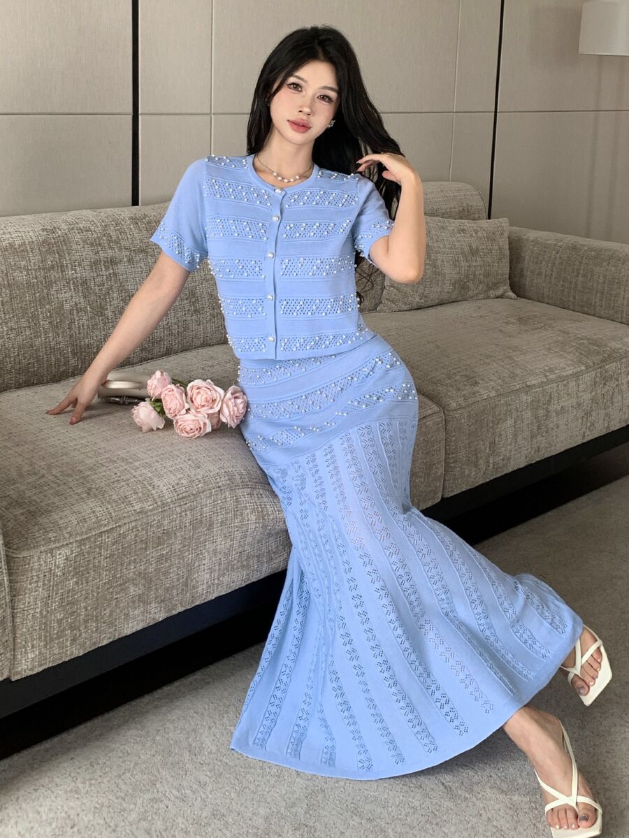 Modelyn Women's Faux Pearl Decorated Short Sleeve Knit Cardigan And Knit Skirt 2 Pieces Set - Baby Blue - View 1