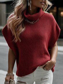 Omancia Elegant Cowl Neck Cap Sleeve Design Women's Sweater - Red - View 4