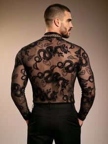 ZURIURI Men's Sexy Streetwear Sheer Dragon Pattern Fashion Top Club Rave Black Fall - Black - View 3