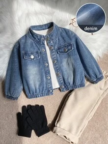 SHEIN 嬰兒男孩女孩秋冬可愛休閒百搭時尚街頭風皮革翻領黑色夾克，適合聖誕派對 - 藍色 - 查看 7