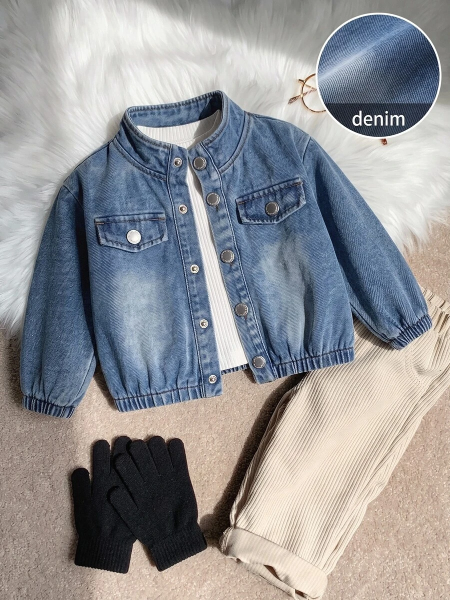 SHEIN 男嬰水洗藍色丹寧夾克,鈕扣前襟立領翻蓋口袋經典牛仔外套,中性酷感休閒外衣,適合春秋日常穿著 - 藍色 - 查看 1