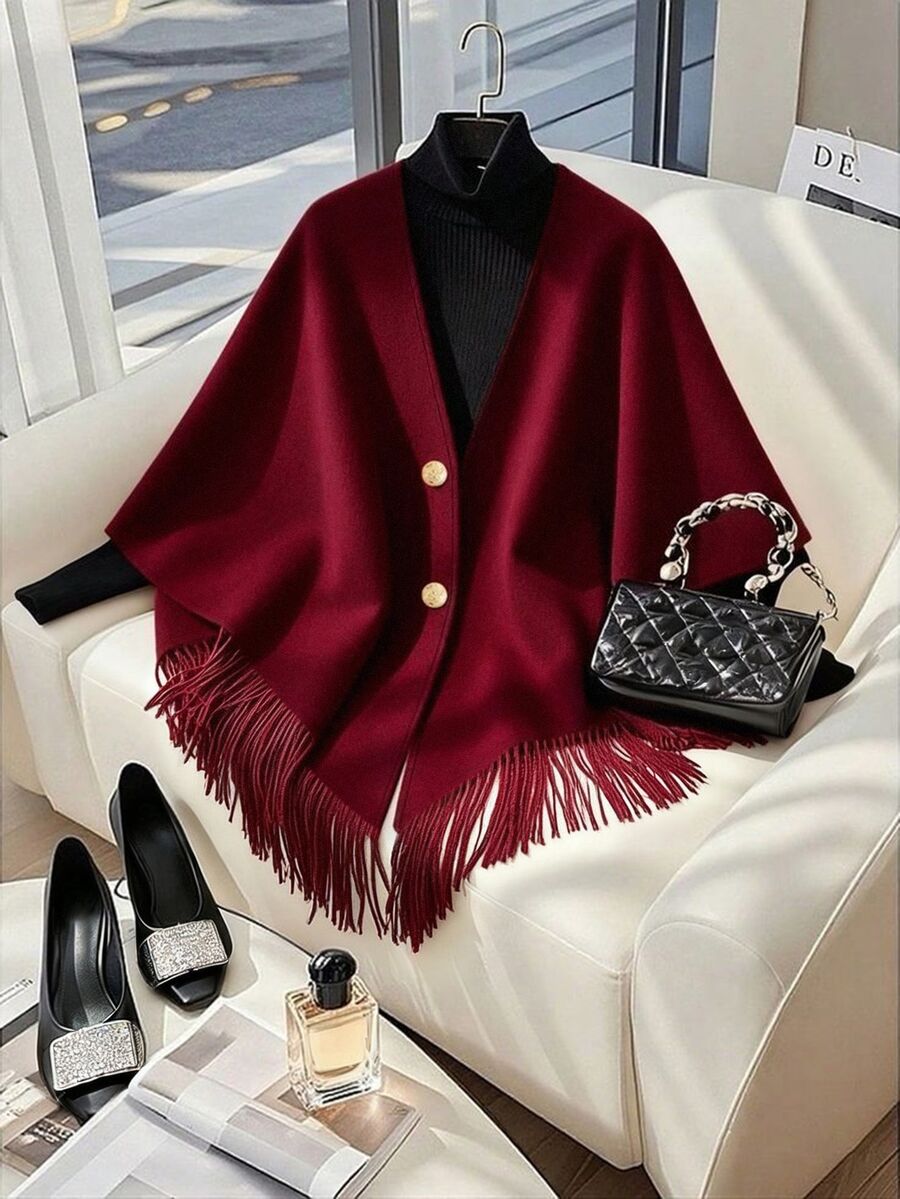 GlowEve CURVE Plus Size Women's Autumn/Winter Elegant Minimalist Versatile V-Neck Cape Shawl With Patchwork Tassel & Button Decor Wool Blend Solid Color Coat - Burgundy - View 1