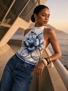 CAJUNI Top With A Flared Neckline, Elegant Summer Style, Maxi Floral Print. - Blue and White - View 5