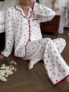 Napfluff Contrast Trim Lapel Ditsy Floral Long Sleeve Long Pants Women's Pajama Set - Apricot - View 4