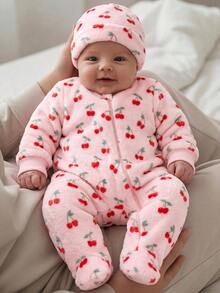 SHEIN Newborn Baby Girl Colorful Floral Pattern Round Neck Long Sleeve Thermal Lined Thick Autumn Winter Romper - Pink - View 1