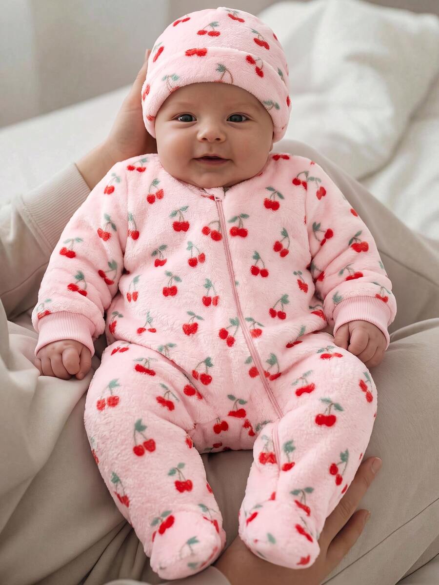 SHEIN Newborn Baby Girl Colorful Floral Pattern Round Neck Long Sleeve Thermal Lined Thick Autumn Winter Romper - Pink - View 1