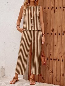 EMERY ROSE 女款條紋圓領後背單鈕扣無袖上衣與長褲休閒兩件套 - 摩卡棕 - 查看 4