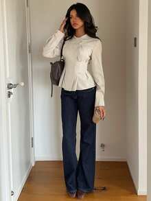 Aloruh Women's Double-Breasted Doll Face Long Sleeve Khaki Shirt - Khaki - View 3
