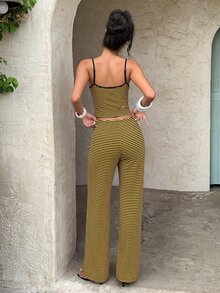 Aloruh 女款休閒居家細肩帶條紋背心與長褲套裝 - 黃色 - 查看 2