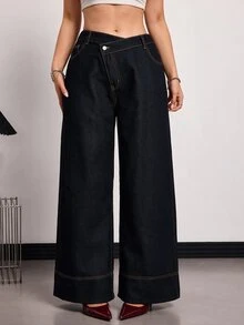 SHEIN EZwear 大尺碼女款秋季休閒復古黑色高腰寬腿牛仔長褲，寬鬆直筒長褲 - 黑色 - 查看 3
