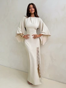 Aloruh Gaun Wanita Motif Apricot untuk Pesta, Model Cowl Neck, Lengan Batwing, Belahan Tinggi, dan Patchwork Renda - Aprikot - View 4