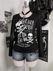 INAWLY Plus Size Women's Casual Y2K Solid Color Print Halloween Long Sleeve T-Shirt - Black - View 3